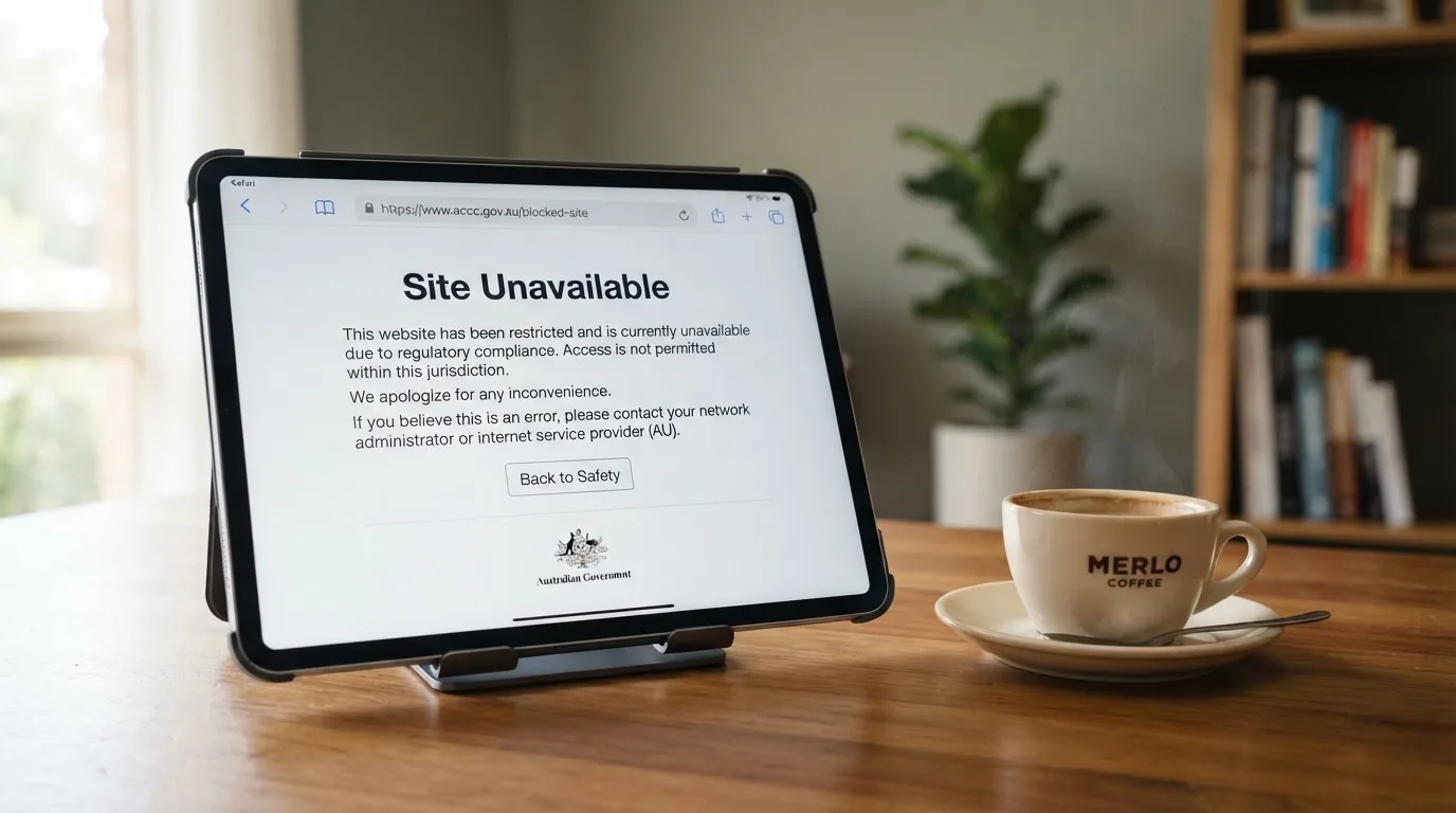 A tablet on a desk displays a plain government-style warning notice page, with a coffee cup beside it.