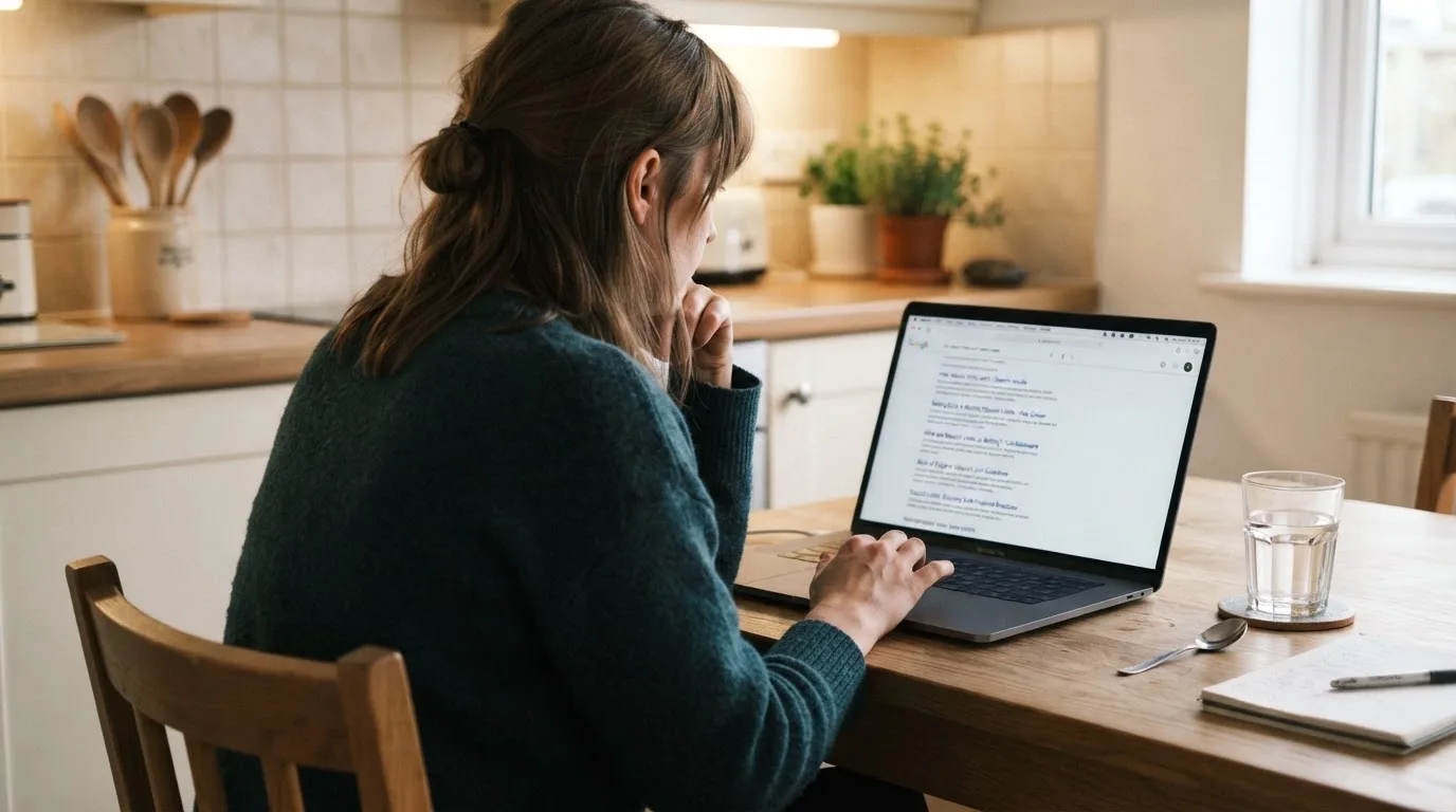 A person sits at a kitchen table, scrolling a laptop showing a general search results page about deposit limits.