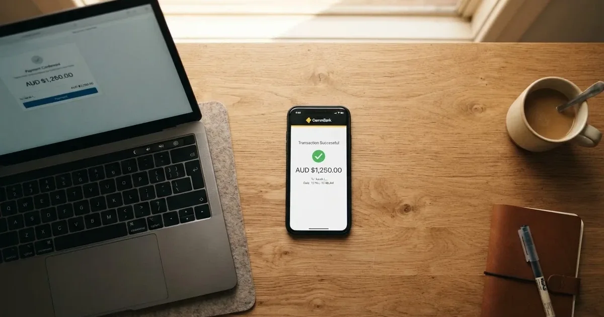 Close-up of a smartphone banking app open beside a laptop on a home desk, mid-transfer.