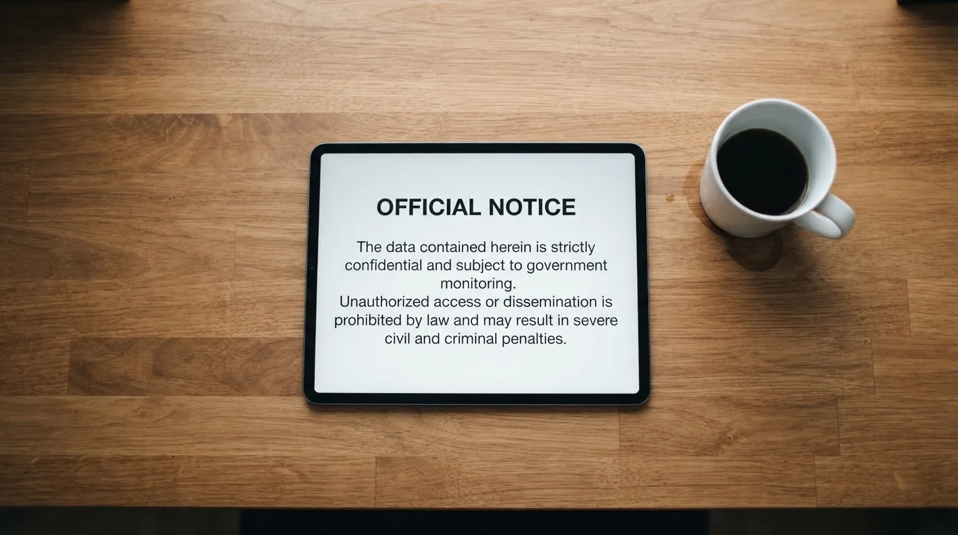 A tablet on a desk displays a plain government-style warning notice page, with a coffee cup beside it.