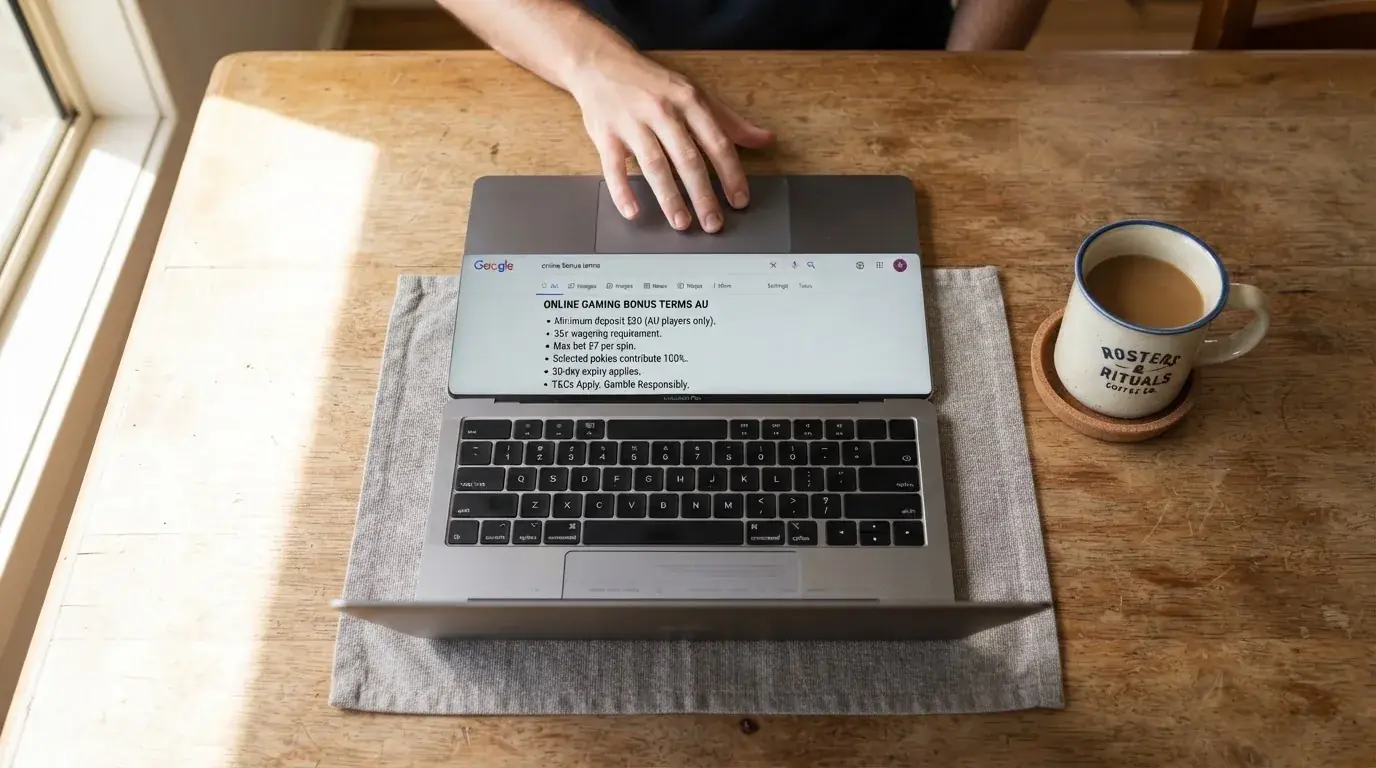 A person sits at a kitchen table, scrolling a laptop showing a general search results page about bonus terms.