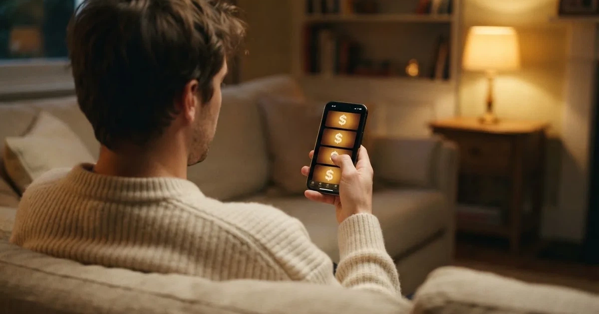 A phone screen shows a list of promotional bonus tiles as someone scrolls with one thumb on a couch.