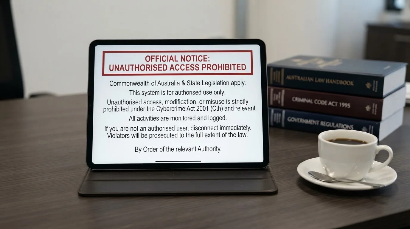 A tablet on a desk displays a plain government-style warning notice page, with a coffee cup beside it.