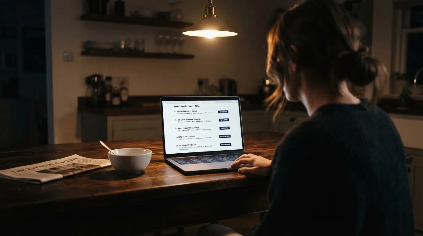 A person sits at a kitchen table in the evening, scrolling a laptop showing a general search results page about bonus offers.