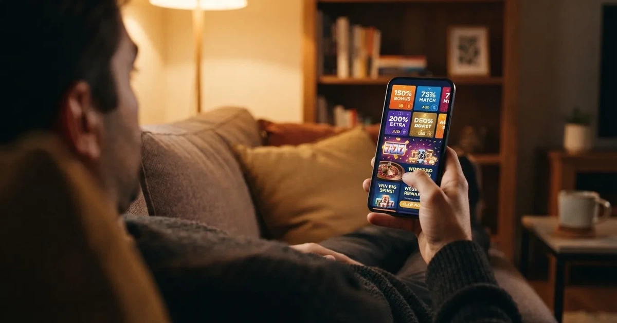 A phone screen shows a list of promotional bonus tiles as someone scrolls with one thumb on a couch.