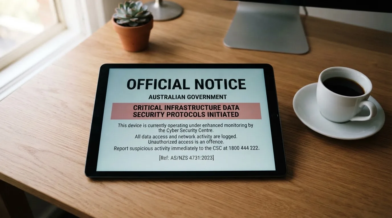 A tablet on a desk displays a plain government-style warning notice page, with a coffee cup beside it.