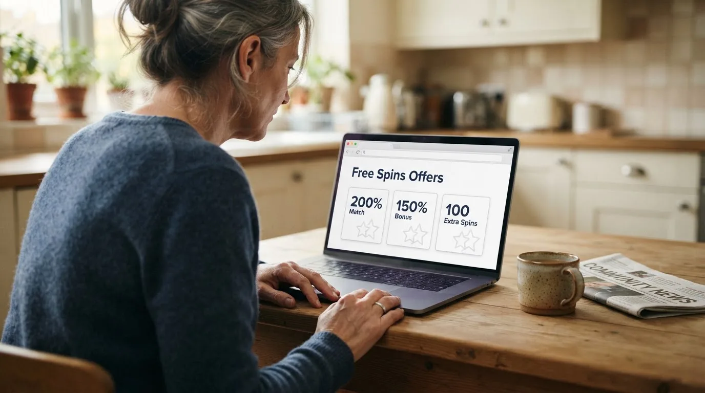 A person sits at a kitchen table, scrolling a laptop showing a general search results page about free spins offers.
