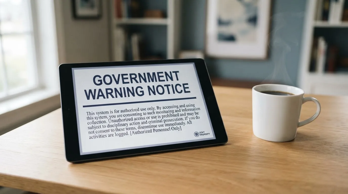 A tablet on a desk displays a plain government-style warning notice page, with a coffee cup beside it.