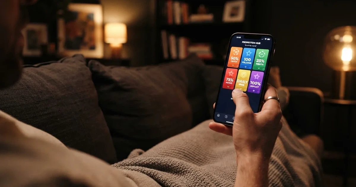 A phone screen shows a list of promotional bonus tiles as someone scrolls with one thumb on a couch.