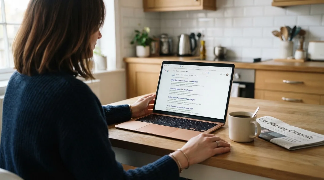 A person sits at a kitchen table, scrolling a laptop showing a general search results page about repeat-deposit offers.