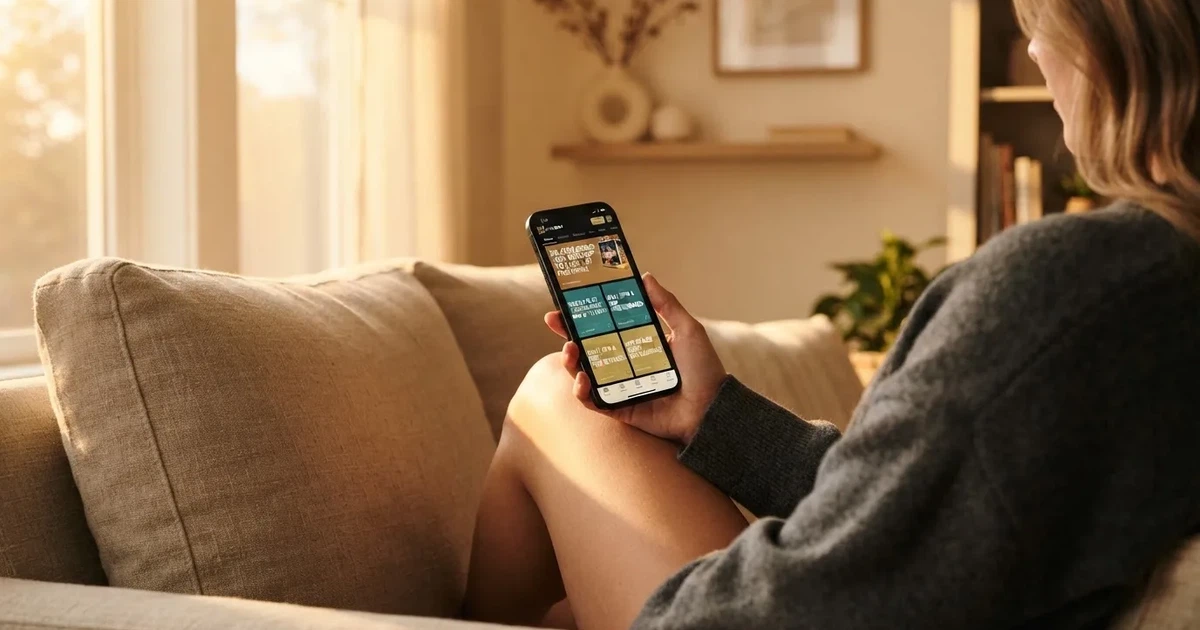 A phone screen shows a list of promotional bonus tiles as someone scrolls with one thumb on a couch.