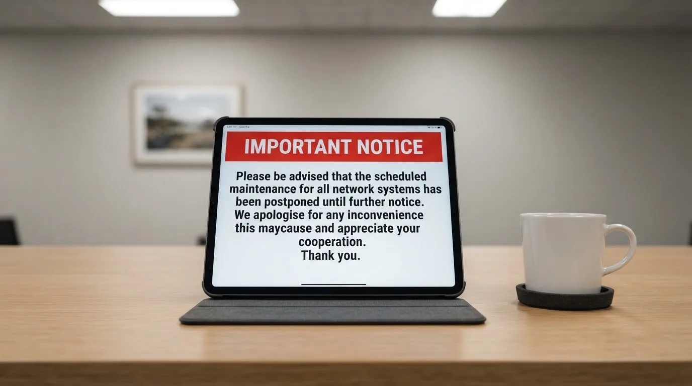 A tablet on a desk displays a plain government-style warning notice page, with a coffee cup beside it.