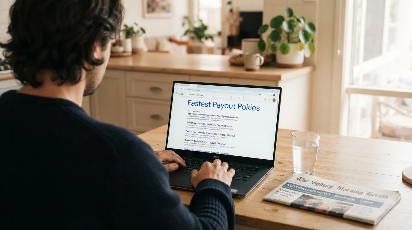 A person sits at a kitchen table, scrolling a laptop showing a general search results page about withdrawal speed.
