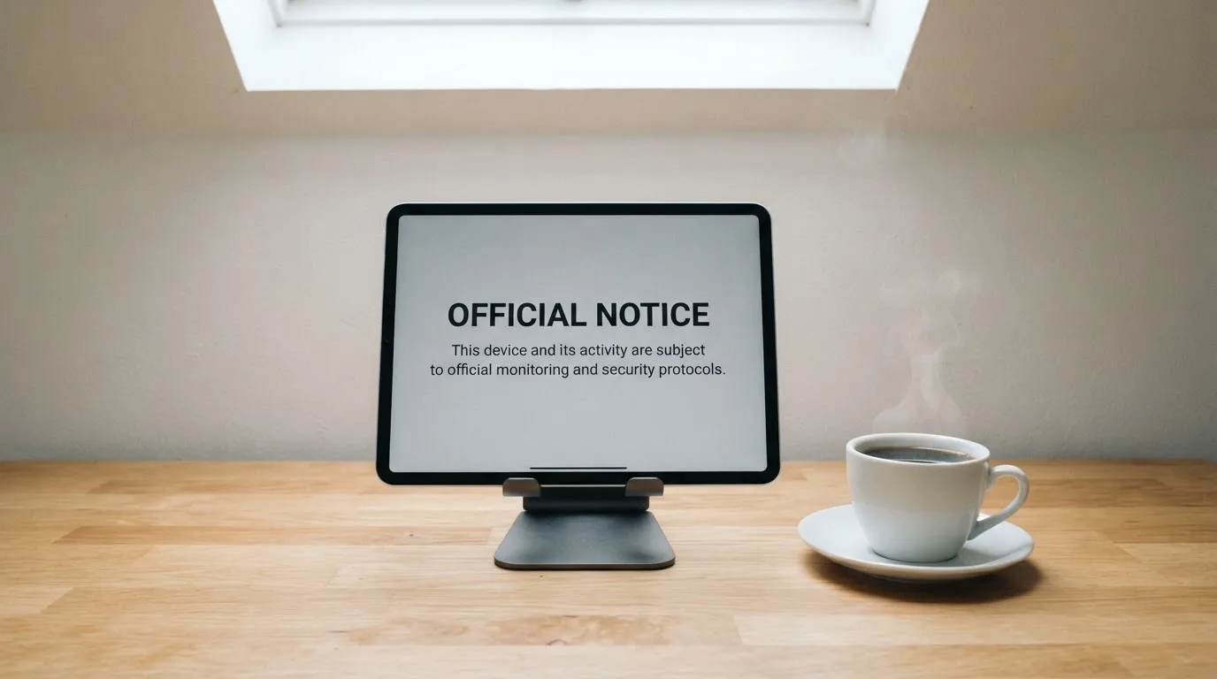 A tablet on a desk displays a plain government-style warning notice page, with a coffee cup beside it.