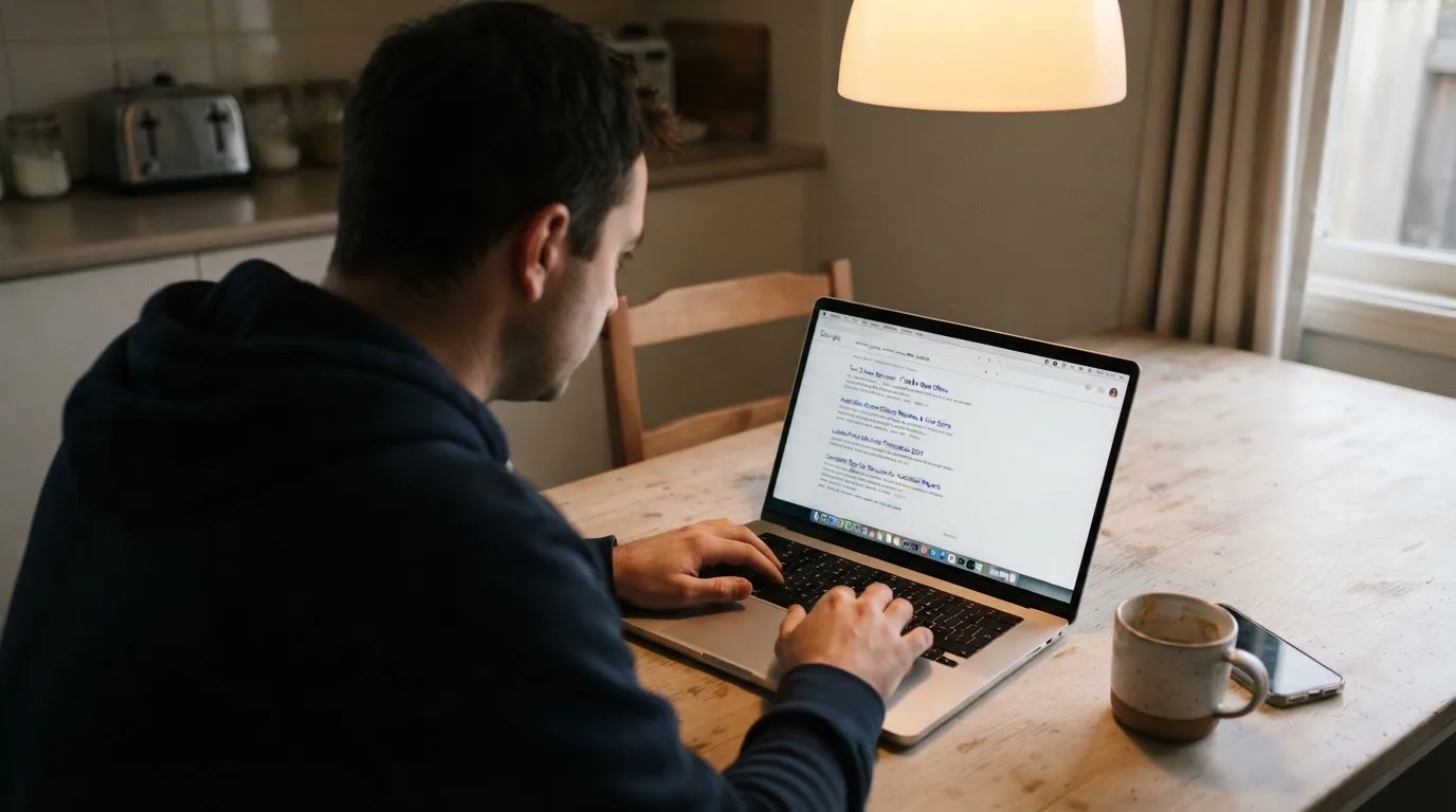 A person sits at a kitchen table, scrolling a laptop showing a general search results page about pokies bonus offers.