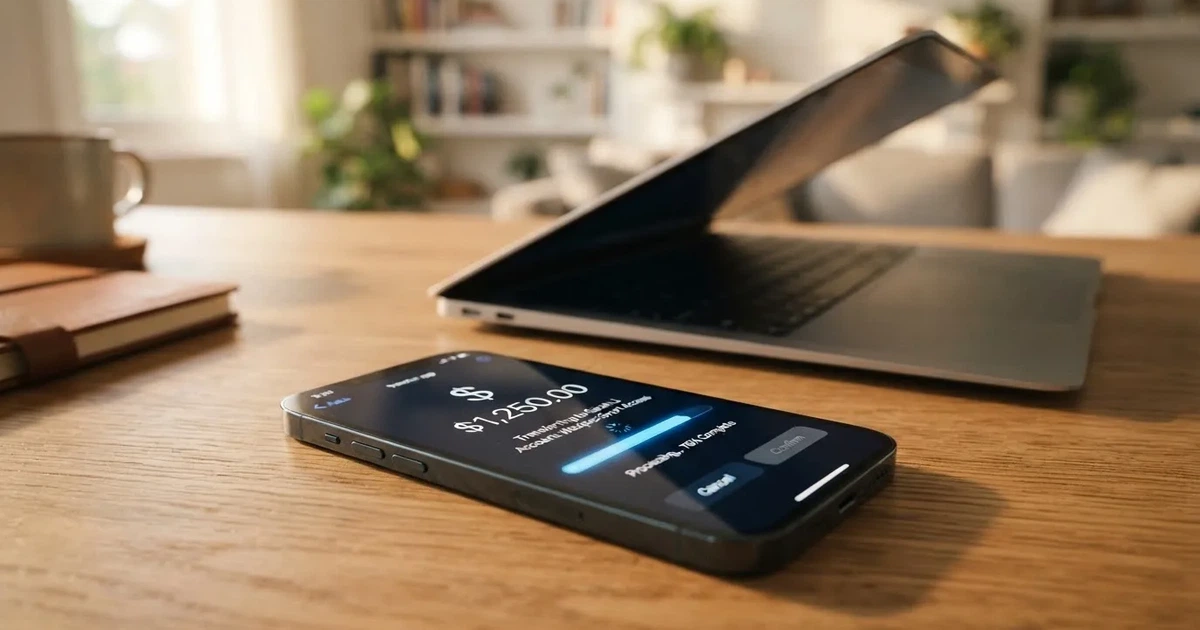 Close-up of a smartphone banking app open beside a laptop on a home desk, mid-transfer.