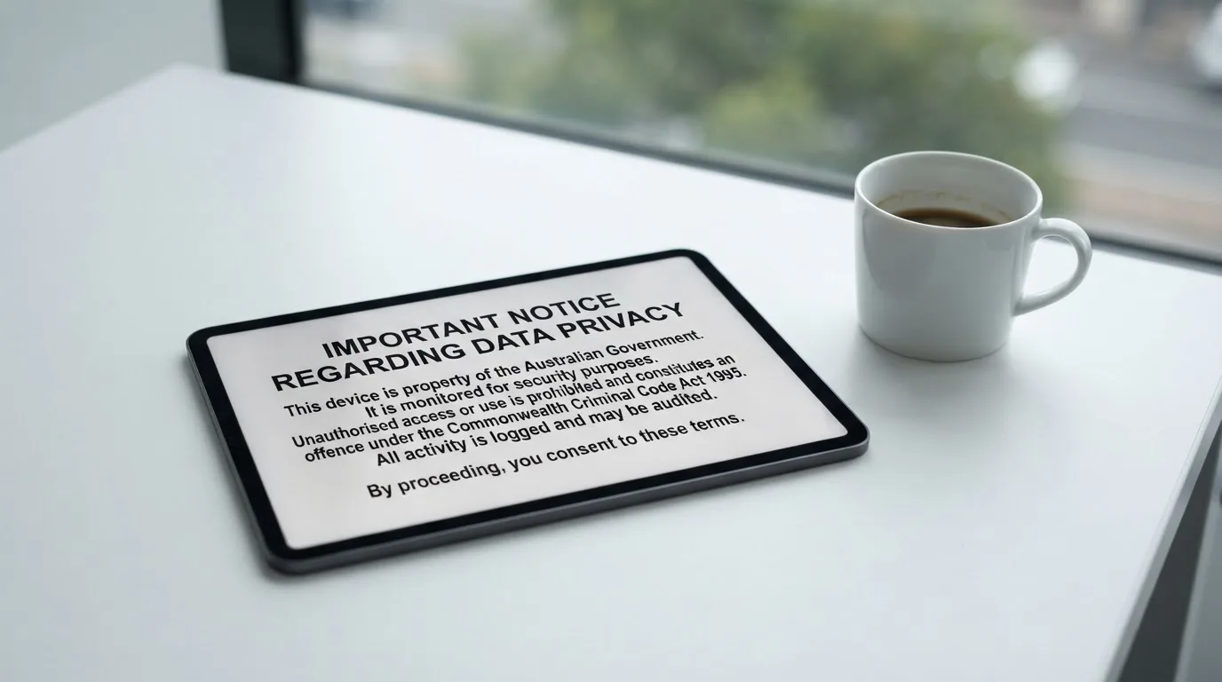A tablet on a desk displays a plain government-style warning notice page, with a coffee cup beside it.
