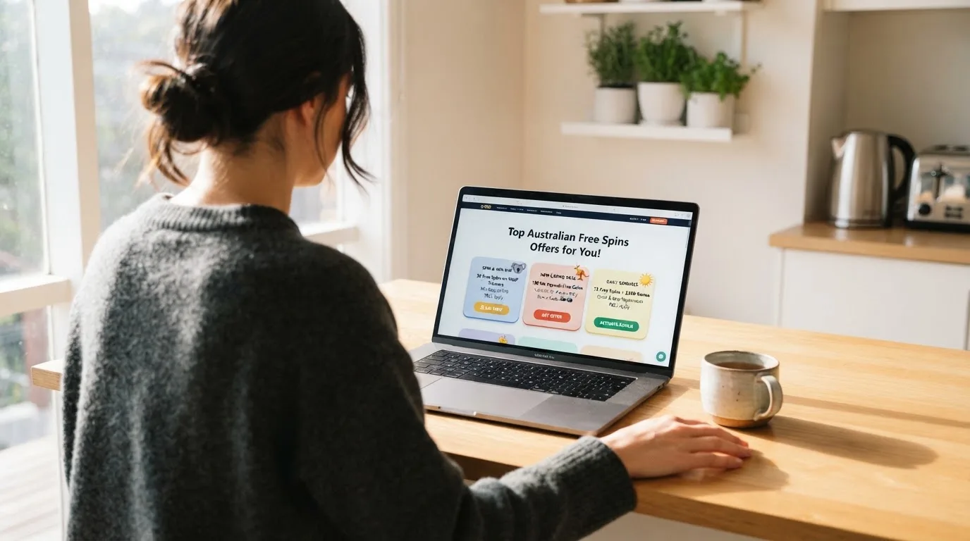 A person sits at a kitchen table, scrolling a laptop showing a general search results page about free spins offers.