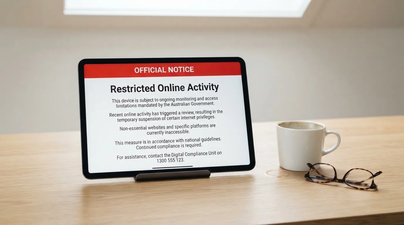 A tablet on a desk displays a plain government-style warning notice page, with a coffee cup beside it.