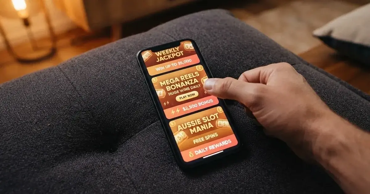A phone screen shows a list of promotional bonus tiles as someone scrolls with one thumb on a couch.