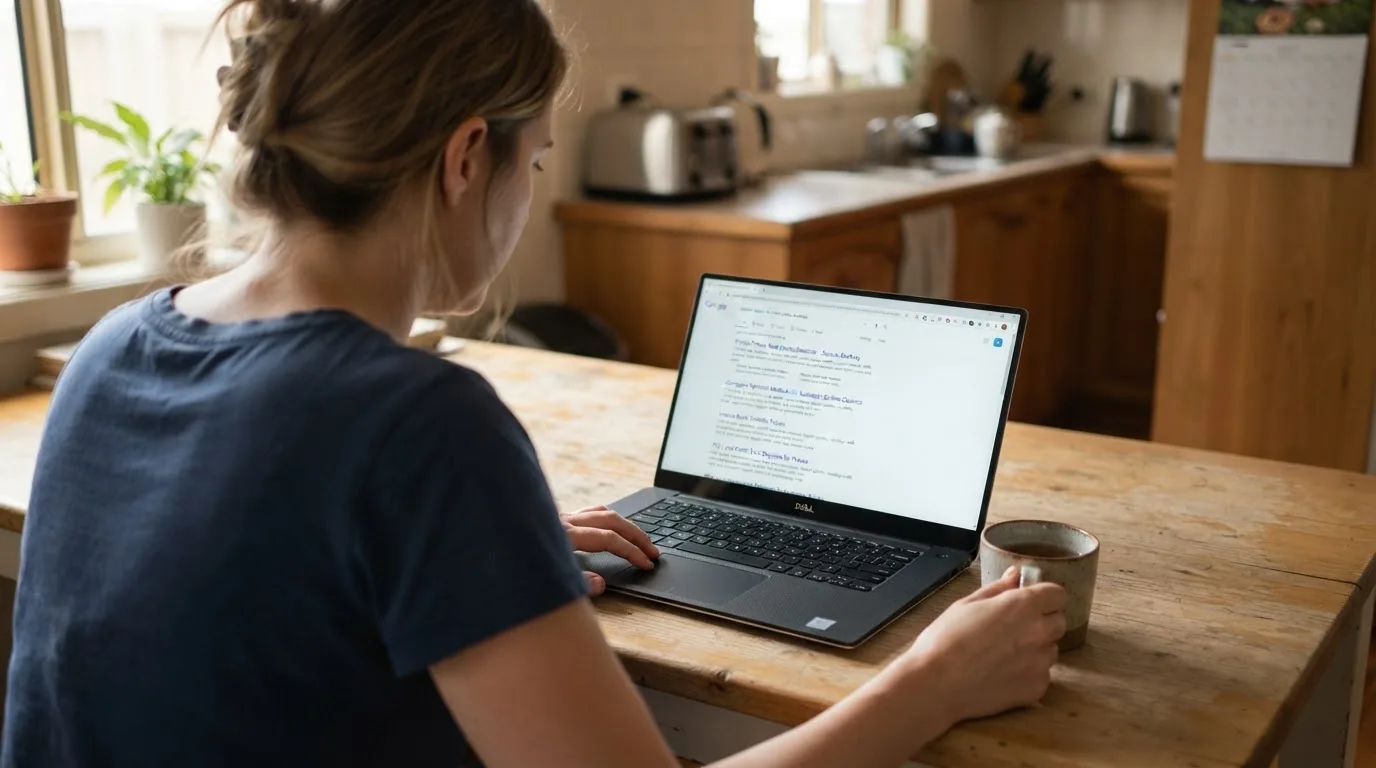 A person sits at a kitchen table, scrolling a laptop showing a general search results page about pokies deposit options.