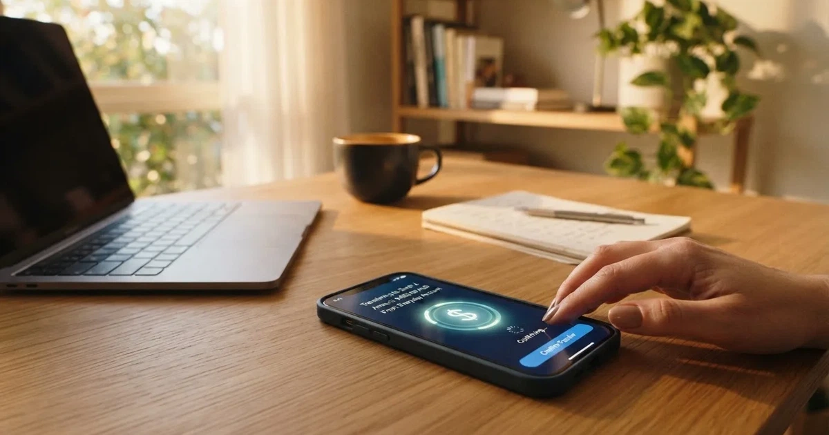 Close-up of a smartphone banking app open beside a laptop on a home desk, mid-transfer.