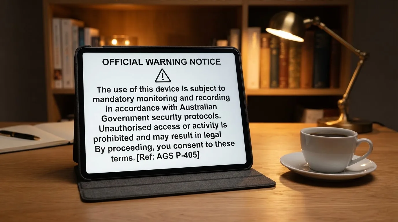 A tablet on a desk displays a plain government-style warning notice page, with a coffee cup beside it.