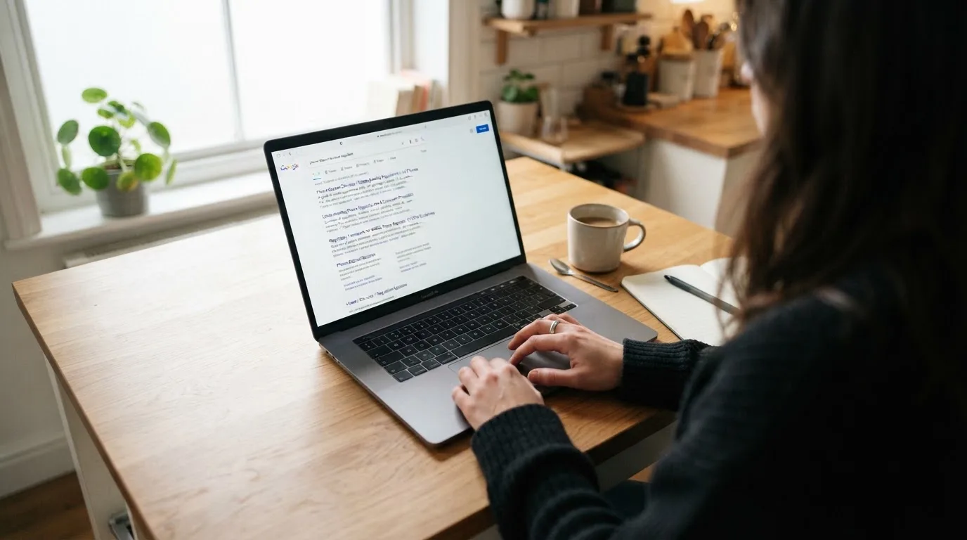 A person sits at a kitchen table, scrolling a laptop showing a general search results page about phone-bill deposits.