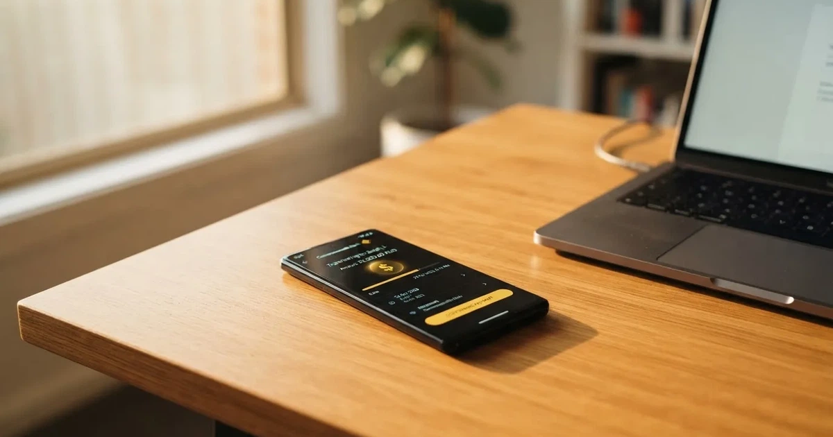 Close-up of a smartphone banking app open beside a laptop on a home desk, mid-transfer.