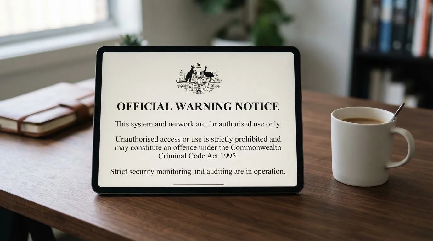 A tablet on a desk displays a plain government-style warning notice page, with a coffee cup beside it.