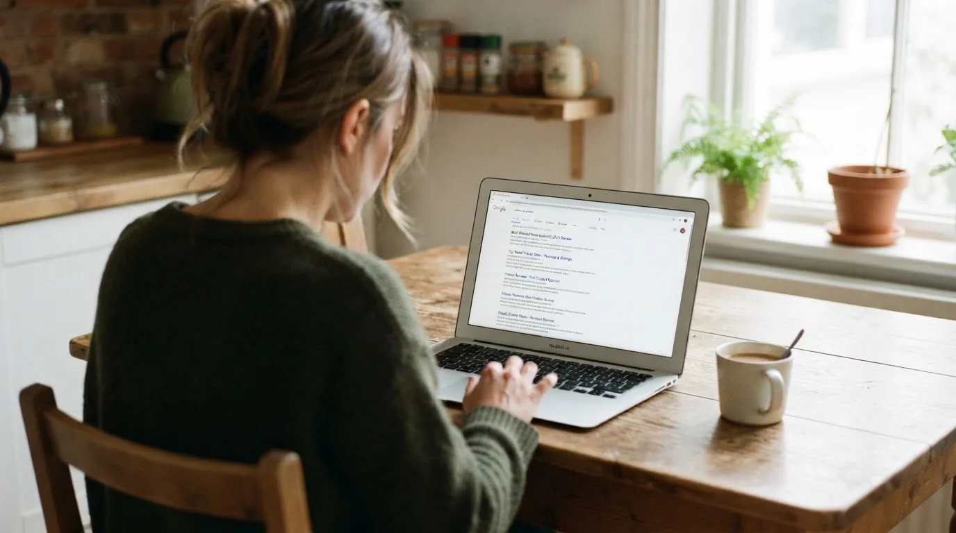 A person sits at a kitchen table, scrolling a laptop showing a general search results page about a review of a pokies site.