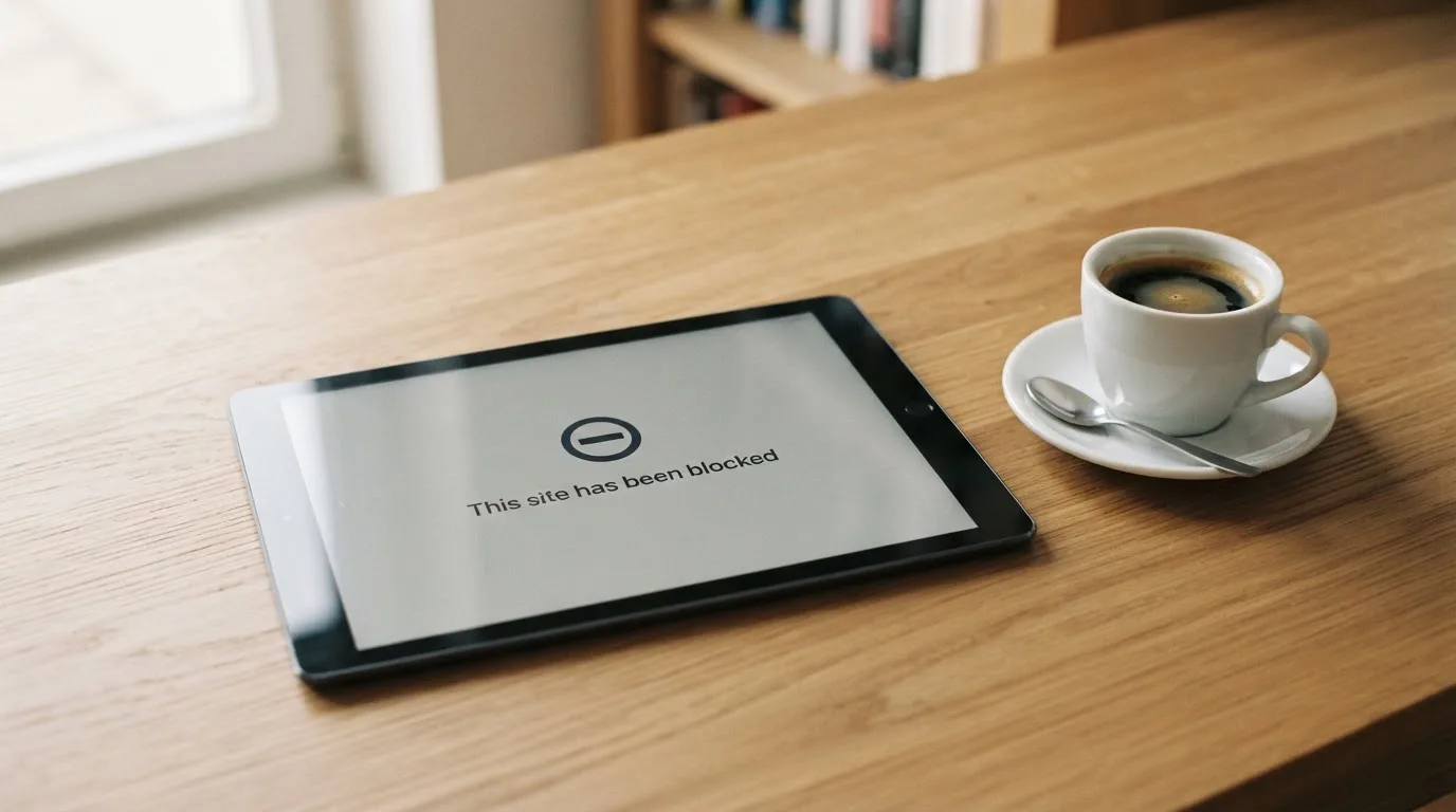 A tablet on a desk displays a plain government-style warning notice page, with a coffee cup beside it.