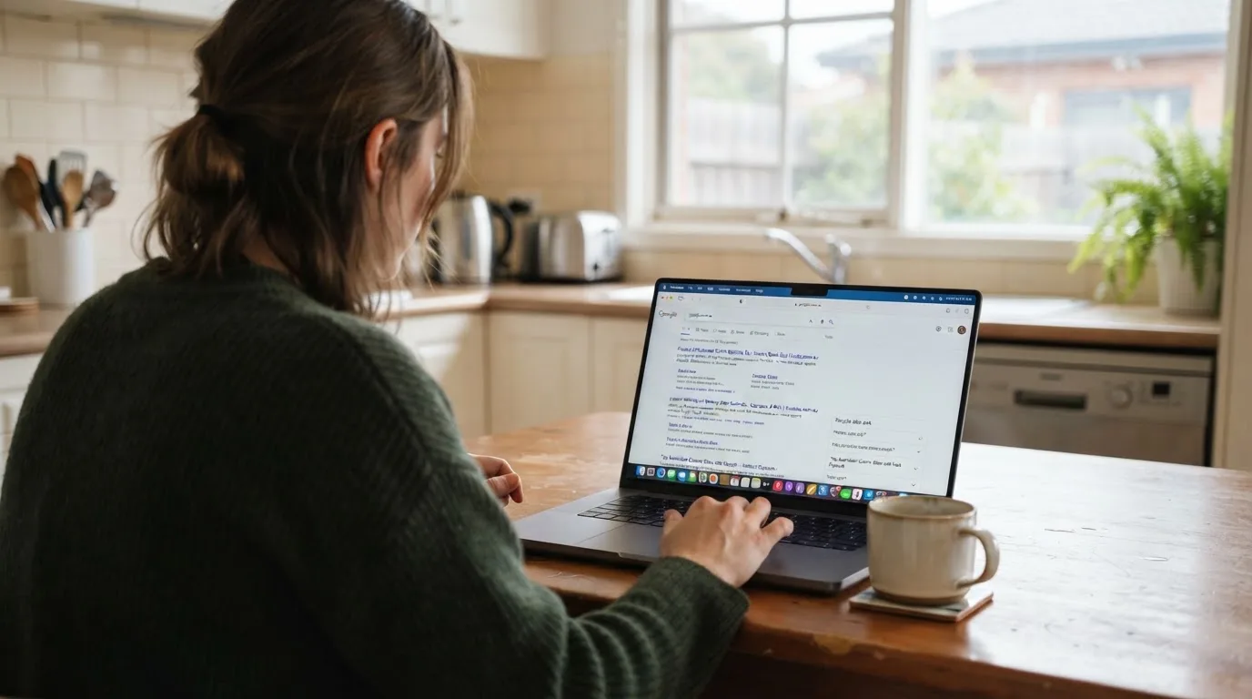 A person sits at a kitchen table, scrolling a laptop showing a general search results page about withdrawal speed claims.