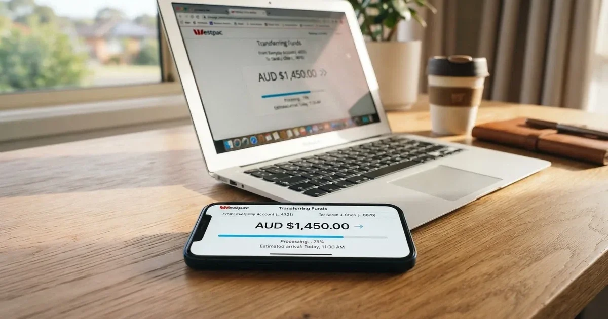 Close-up of a smartphone banking app open beside a laptop on a home desk, mid-transfer.