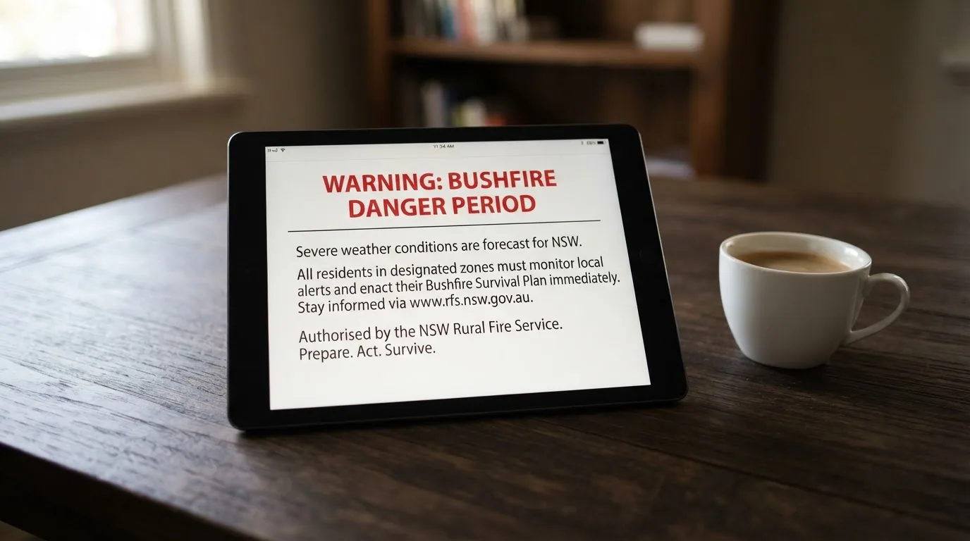 A tablet on a desk displays a plain government-style warning notice page, with a coffee cup beside it.