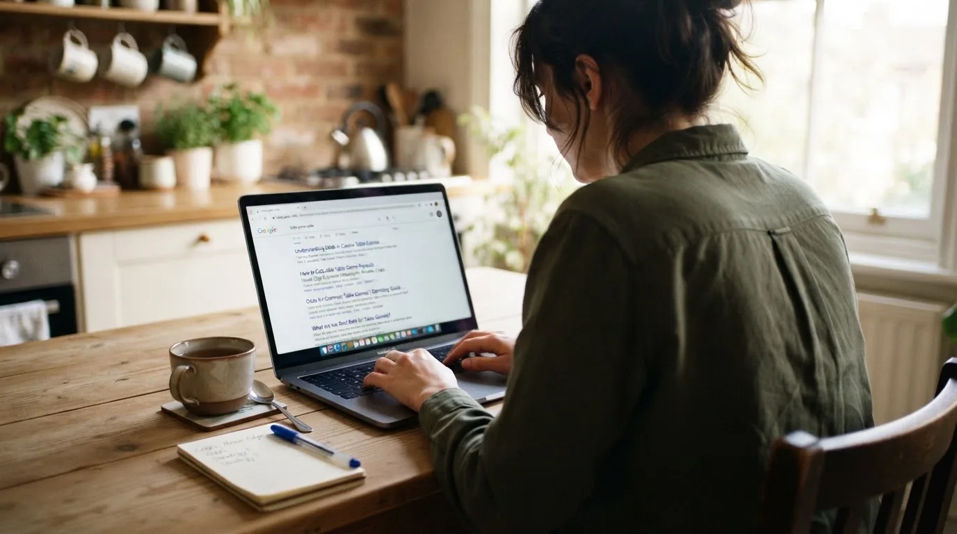 A person sits at a kitchen table, scrolling a laptop showing a general search results page about table game odds.