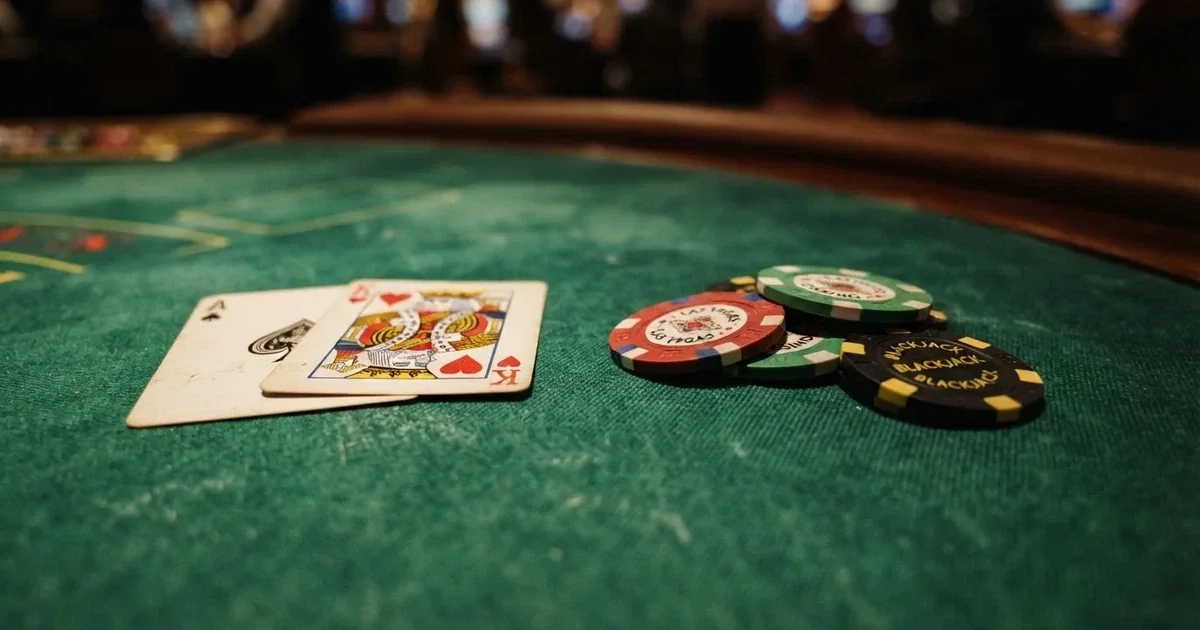 A close-up of a blackjack table felt with cards and chips laid out, no dealer or players visible.