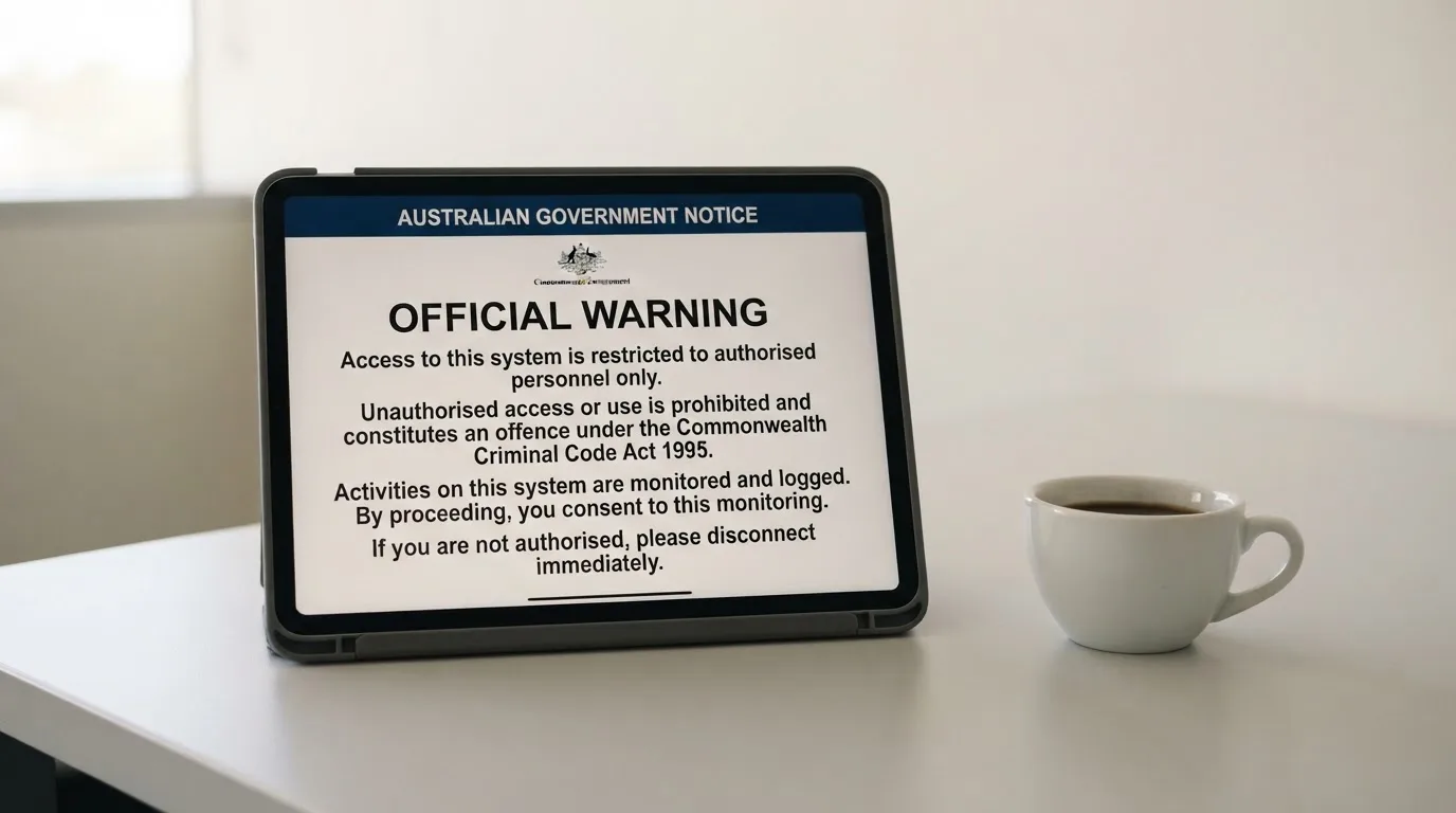 A tablet on a desk displays a plain government-style warning notice page, with a coffee cup beside it.