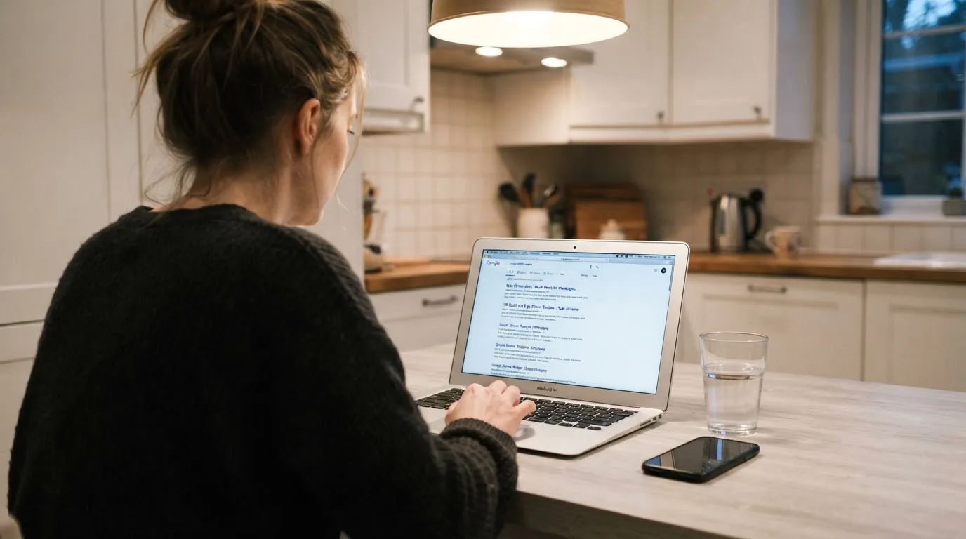 A person sits at a kitchen table, scrolling a laptop showing a general search results page about pokies apps.