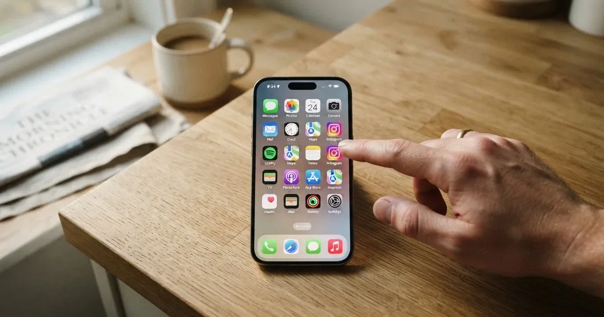 A hand holds a smartphone with an app icon grid visible on the home screen, thumb hovering over the display.