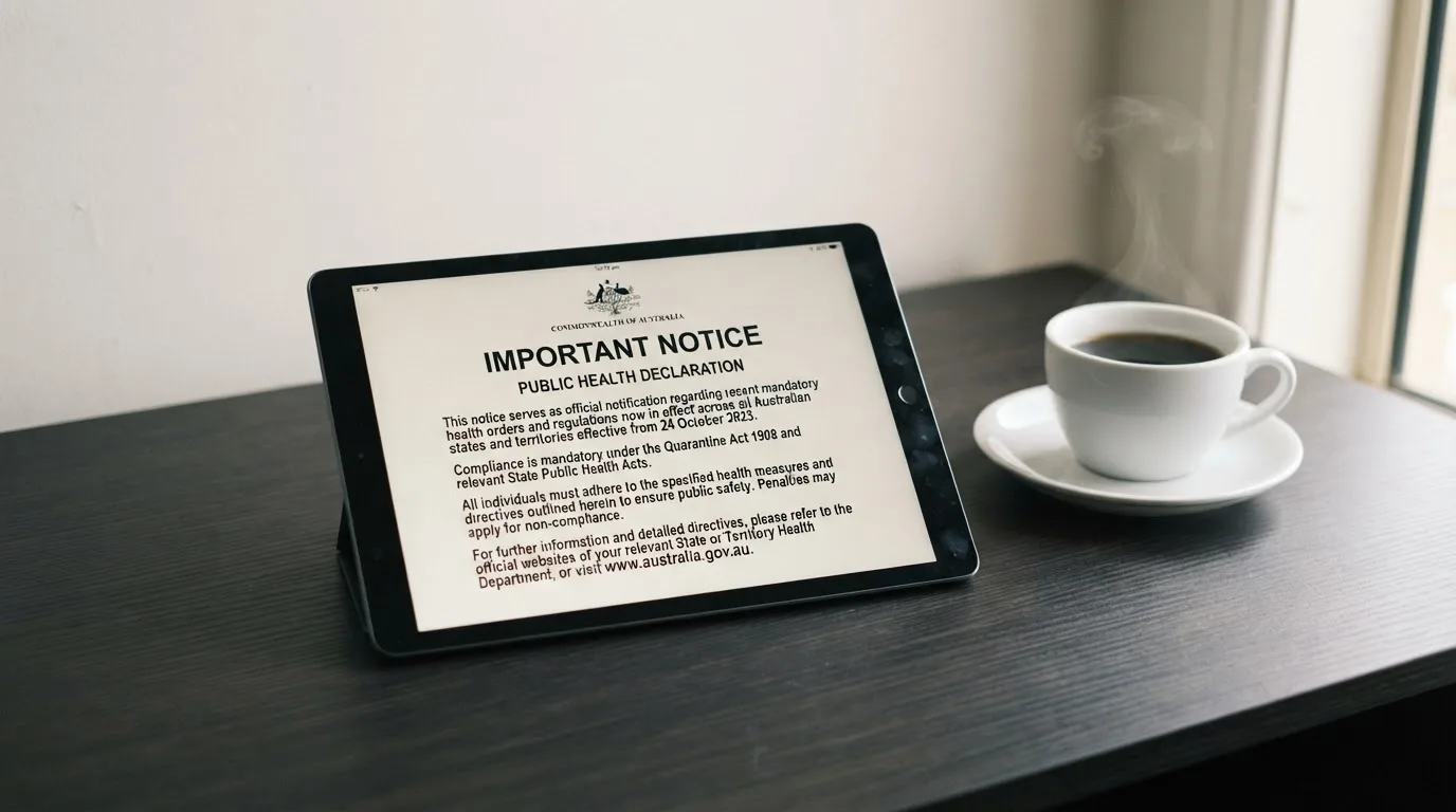 A tablet on a desk displays a plain government-style warning notice page, with a coffee cup beside it.