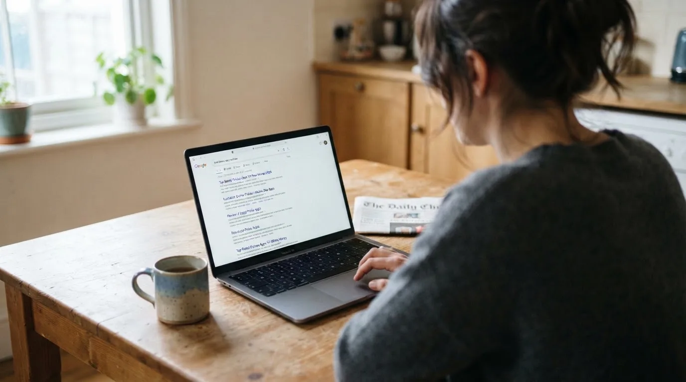 A person sits at a kitchen table, scrolling a laptop showing a general search results page about pokies apps.