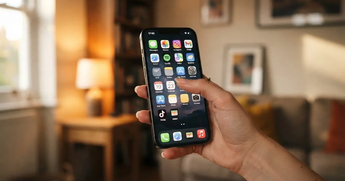 A hand holds a smartphone with an app icon grid visible on the home screen, thumb hovering over the display.