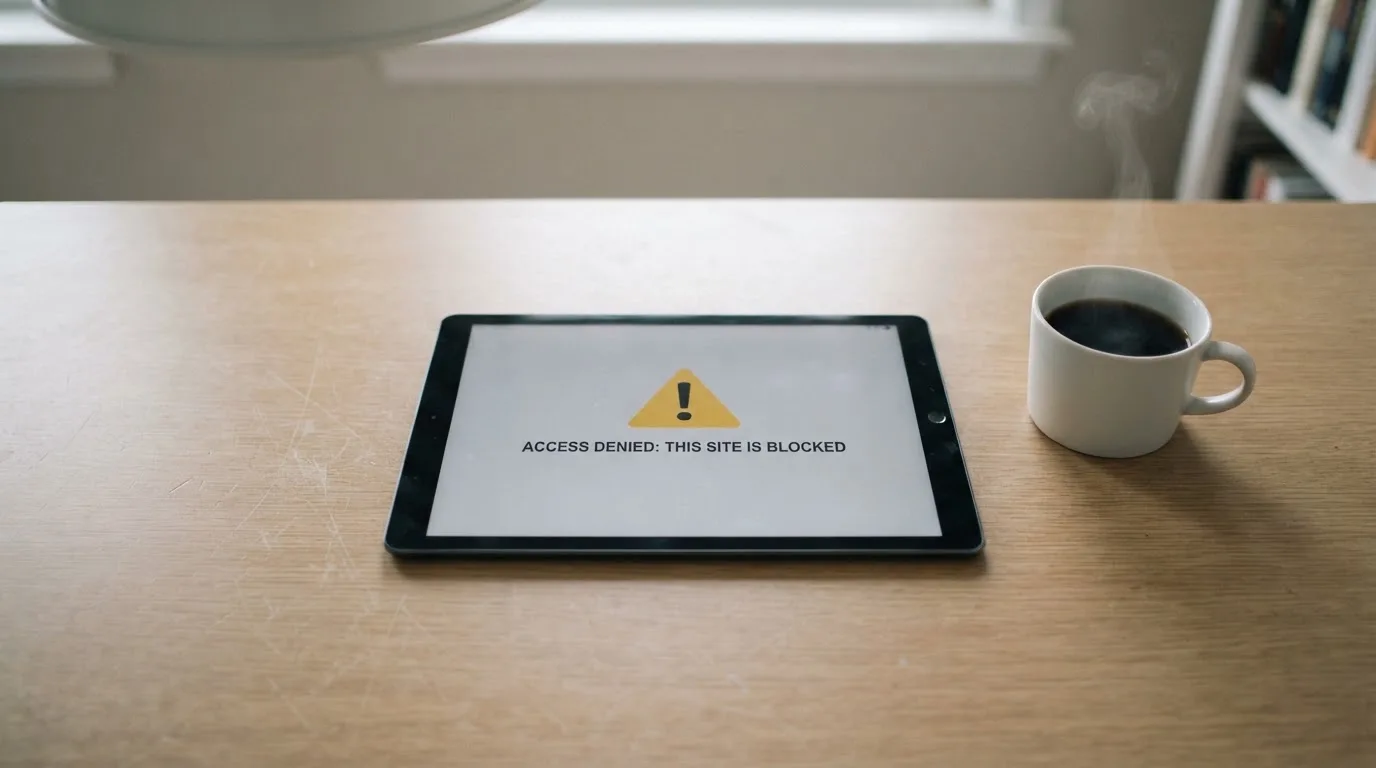 A tablet on a desk displays a plain government-style warning notice page, with a coffee cup beside it.