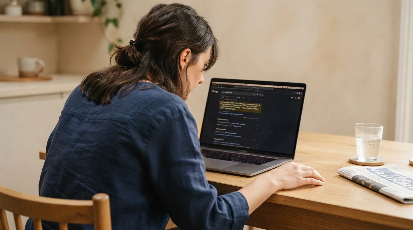 A person sits at a kitchen table, scrolling a laptop showing a general search results page about payout speed claims.
