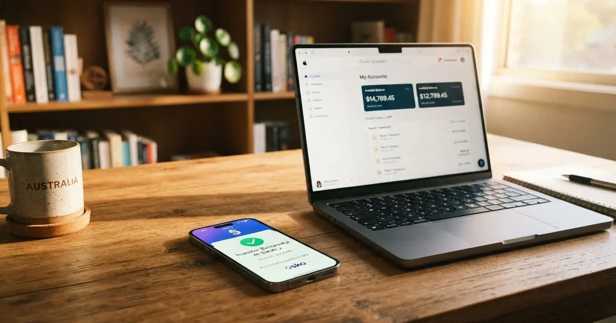 Close-up of a smartphone banking app open beside a laptop on a home desk, mid-transfer.
