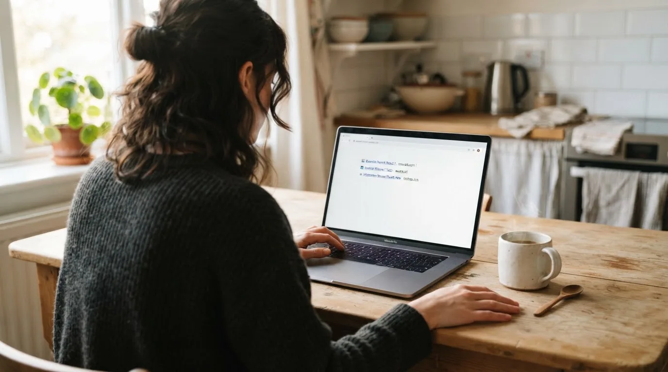 A person sits at a kitchen table, scrolling a laptop showing a general search results page about crypto casino comparisons.