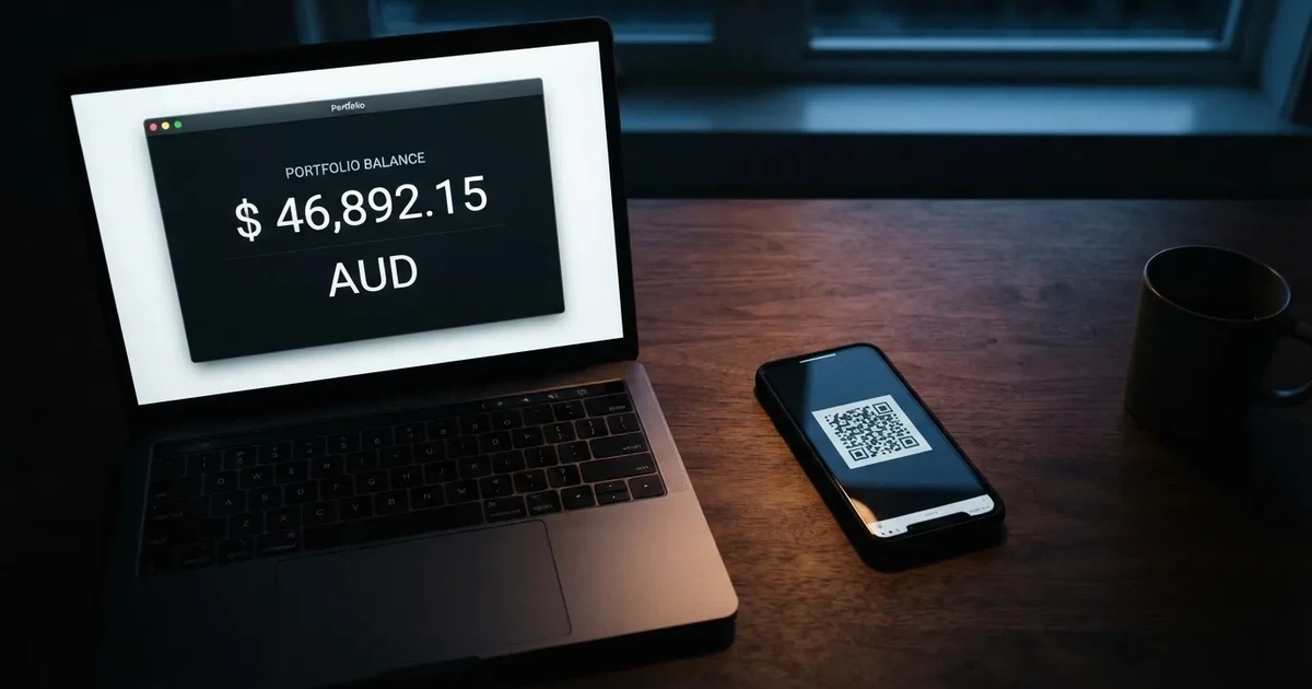A laptop screen shows a cryptocurrency wallet balance next to a phone displaying a QR code, on a desk at night.
