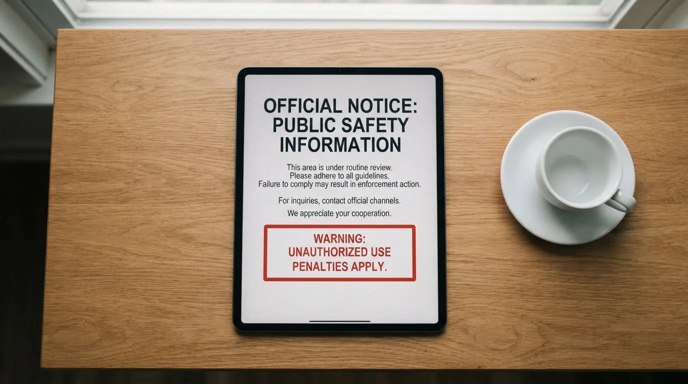 A tablet on a desk displays a plain government-style warning notice page, with a coffee cup beside it.