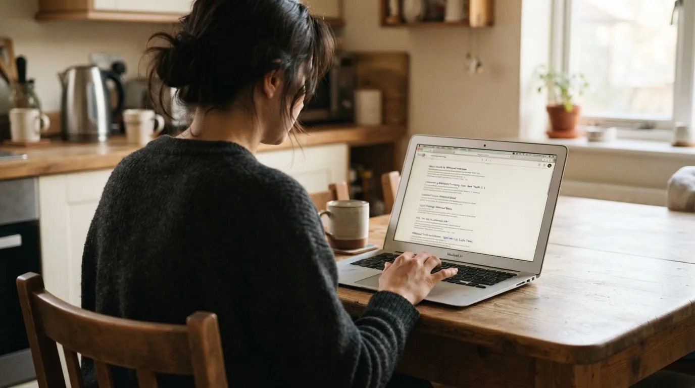A person sits at a kitchen table, scrolling a laptop showing a general search results page about withdrawal timeframes.